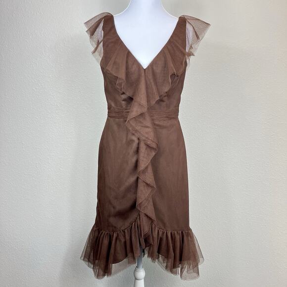 Vintage Y2K Alfred Angelo Tulle Dress Size 4/6 Brown Midi Fairy Pin-Up Ruffle - Picture 1 of 16